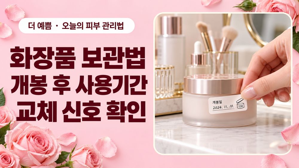 화장품 보관법과 개봉 후 사용기간 및 교체 신호를 안내하는 분홍 배경 대표이미지