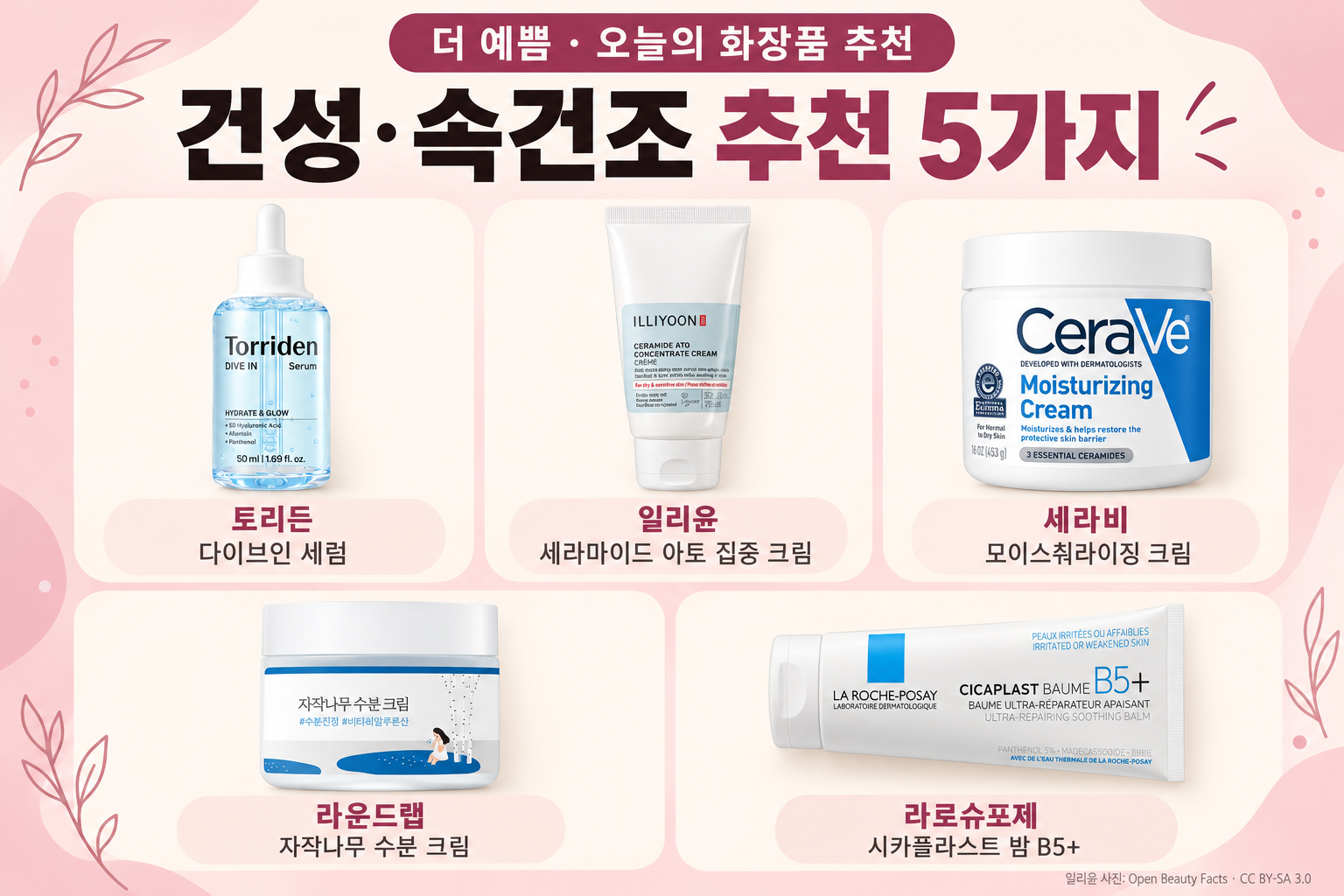 건성 속건조 추천 5종: 토리든 다이브인 세럼, 일리윤 세라마이드 아토 집중 크림, 세라비 모이스춰라이징 크림, 라운드랩 자작나무 수분 크림, 라로슈포제 시카플라스트 밤 B5+
