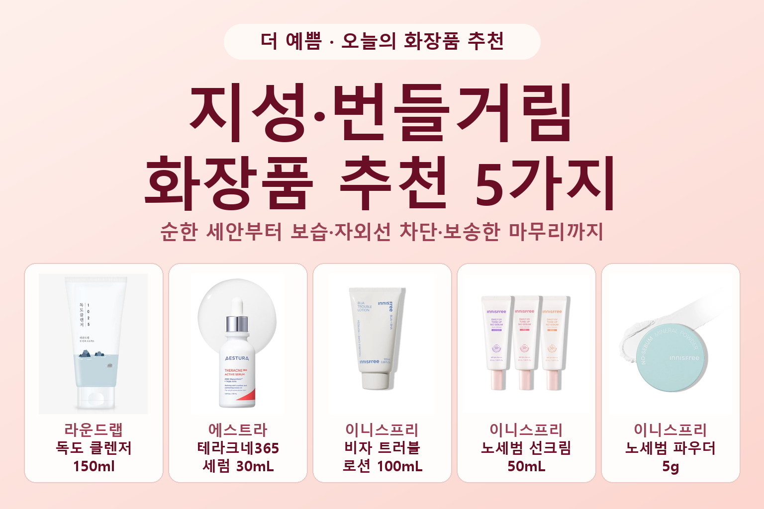 지성·번들거림 화장품 추천 5가지: 독도 클렌저 150ml, 테라크네365 세럼 30mL, 비자 트러블 로션 100mL, 노세범 선크림 50mL, 노세범 파우더 5g의 공식 제품 사진