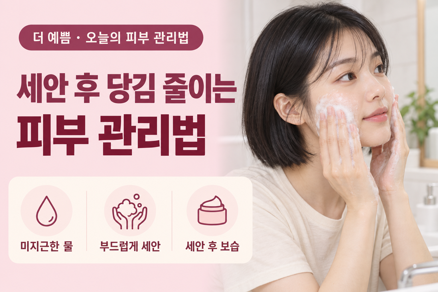 세안 후 당김 줄이는 관리법: 단발머리 여성의 부드러운 세안과 미지근한 물·보습 안내