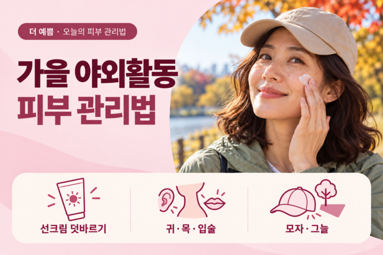가을 야외활동 관리법: 모자를 쓴 여성의 선크림 도포와 귀·목·입술 보호